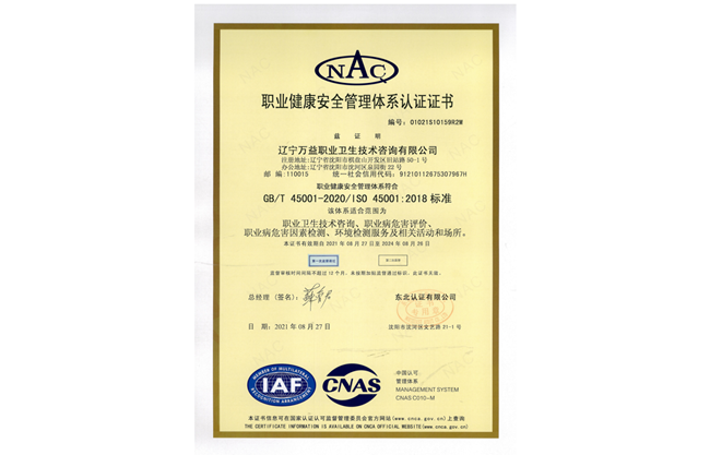 辽宁MILE米乐集团职业健全安全治理系统证书